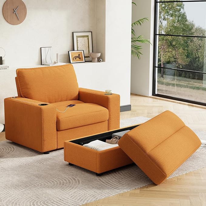 42.8 Oversized Chaise Lounge Chair with Storage Ottoman Corduroy Sofa Bed with Cup Holders &amp USB Charging Port Upholstered Sleeper Chair for Living Room BedroomYellow