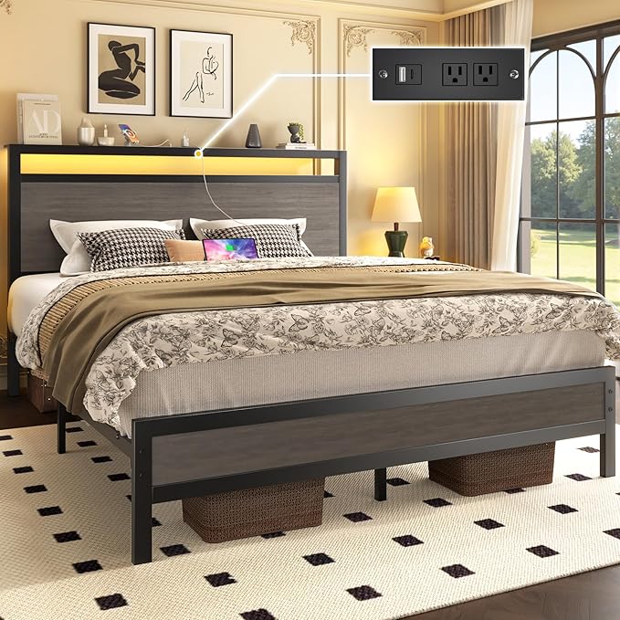 Queen Bed Frame with Headboard &amp Footboard Bed Frame with Built-in Charging Station &amp LED Light Storage Shelf Noise-Free No Box Spring Needed Easy Assembly Rustic Grey