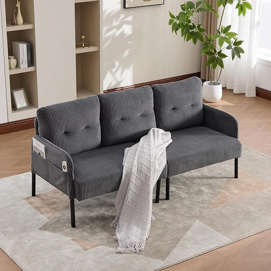 KEIKI 67 Corduroy Loveseat Sofa with Double Side Pockets &amp High Resilience Cushion Modern Style Upholstery Oversized 2-Seater Couch with Metal Legs Easy Assembly for Living Room Gray