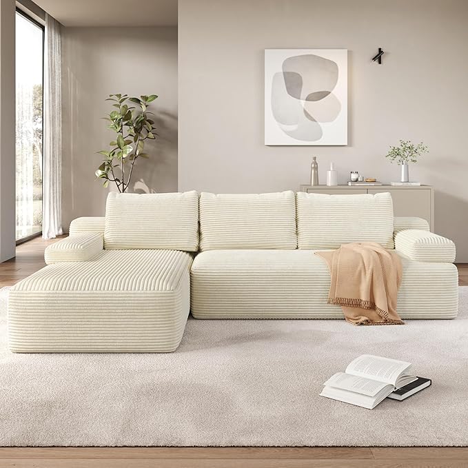 Yaheetech 110 Modular Sectional Sofa Corduroy Boneless Couch with Chaise L-Shape Cloud Couch with Detachable Pillows No Assembly Sofa for Living Room Beige