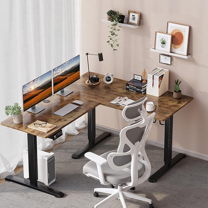 Shahoo L-Shaped Electric Standing Desk 63 x 48 Inches Height Adjustable Coner Table Home Office Computer Workstation Rustic Brown 63 x 48 Inch