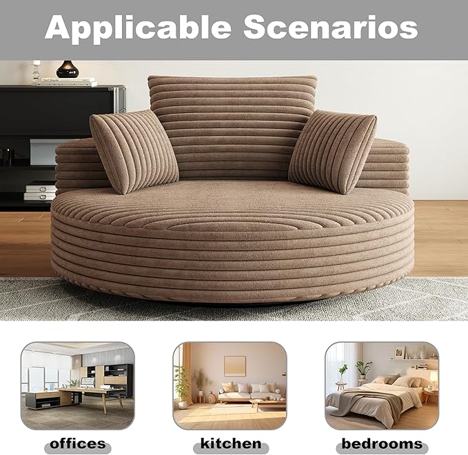 TTK 55” Oversized Corduroy Swivel Chair Fluffy 360° Rotating Sleeper Armchair with Pillows &amp Headrest Full Foam Barrel Chair for Living Room Bedroom Reading Nook Lounge or Apartment Brown