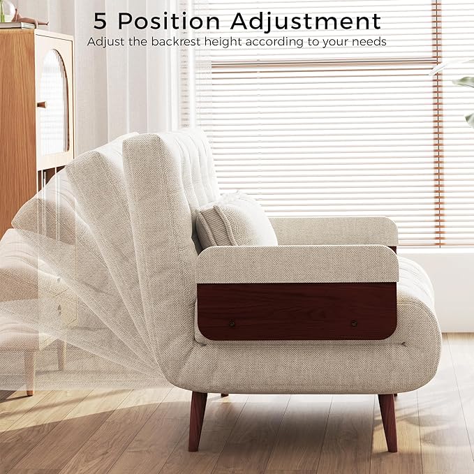 JASIWAY Convertible Sleeper Chair Bed for Adults 3 in 1 Linen Convertable Futon Chair with Pillow Fold Out Single Sleeper Couch Guest Bed for Small Spaces Bedroom Mid-century with Walnut Arm 28.4