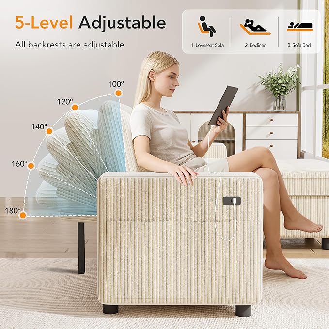 WEUP 81 Sectional Sofa with Pull Out Bed L Shaped 3 Seat Sleeper Sofa with Storage Adjustable Backrest USB Ports Tool-Free Assembly Plush Corduroy Sectional Couches for Living Room Beige | Brea