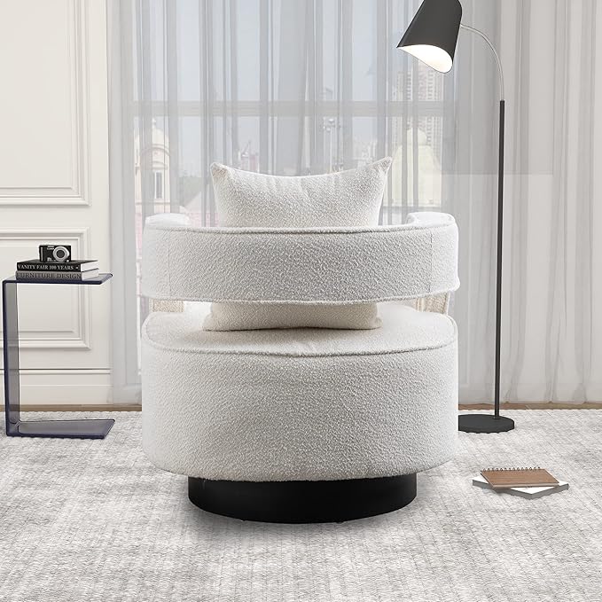 Mid Century Modern Boucle Swivel Accent Chair 2 Pack Comfy Open Back Sofa Chair with Black Wood Base for Nursery Bedroom Living Room Club Swivel Lounge Chairs (2pcs Chair Ivory)