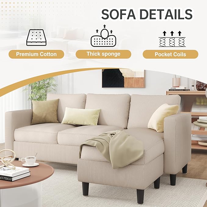 JAMFLY 3-Seat Convertible L-Shaped Sectional Sofa with Reversible Ottoman Upholstered Fabric Couch for Small Living Rooms Modern Modular Couch for Apartment Studio &amp Loft Beige