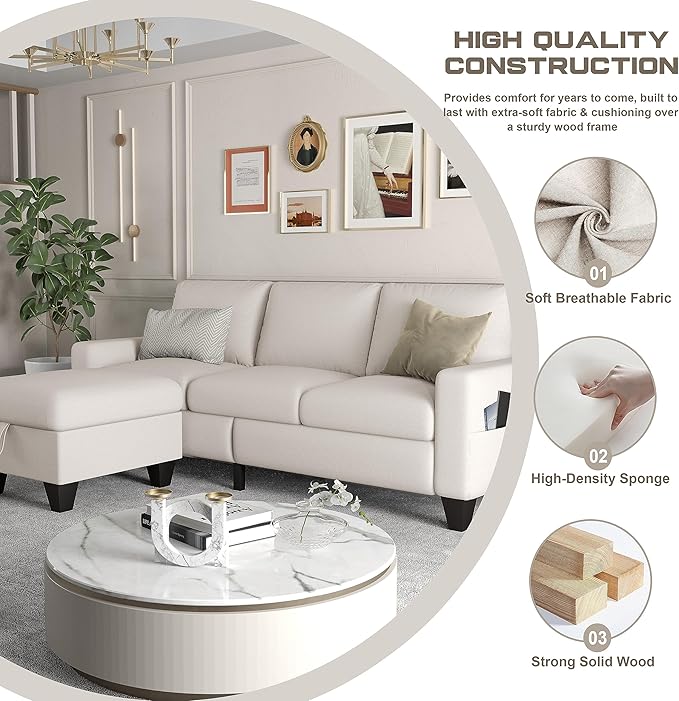 ZeeFu Couch for Living Room - 78'' Beige Linen 3 Seat L-Shaped Sectional Sofa Couches with Storage Ottoman - Modern Small Space Upholstered Furniture Sofa Set for Office Small Space Apartment