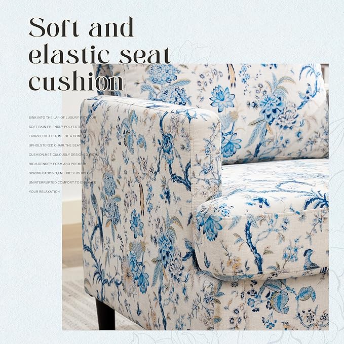 Mid-Century Accent ChairModern Linen Fabric Armchair for Living RoomComfy Upholstered Reading Accent Chairs for BedroomSingle Sofa Chair with Wood Legs (Blue Flowered Bird 2 Pack)