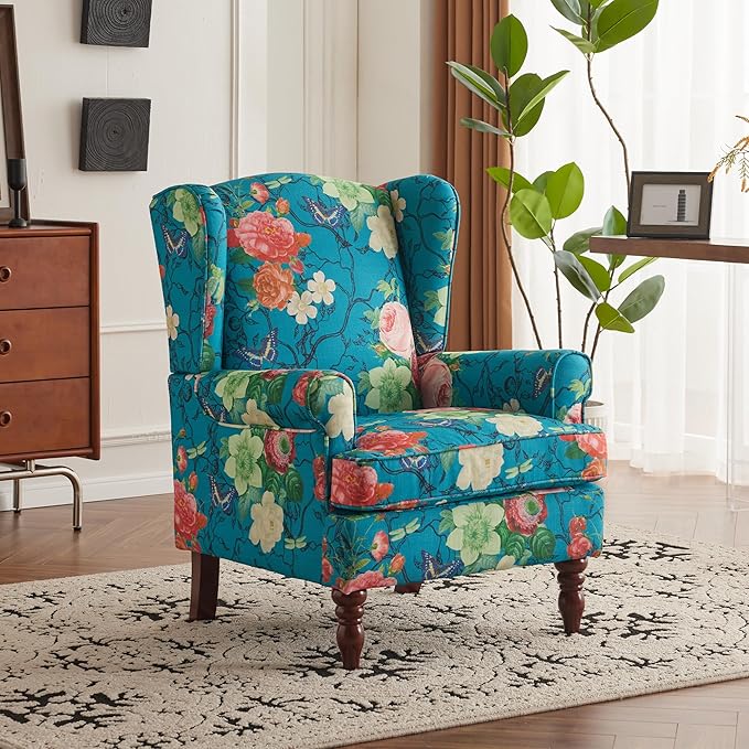 MELLCOM Floral Accent Chair High Back Upholstered Armchair with Solid Legs Leisure Single Sofa Chair for Living Room Bedroom Home Office Teal Floral
