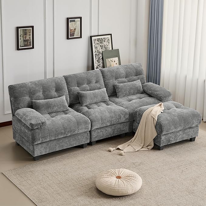 93 3+1 Seater Sofa with Ottoman - 4-Position Adjustable Backrest 350lb/Seat Soft Chenille Fabric 3 Throw Pillows Easy Assembly (Gray)
