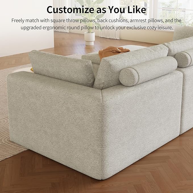 138 Modular Sectional Sofa with Deep SeatOversized U-Shaped Cloud Couch for Living Room 4-Seater with 2 Ottomans Boneless Memory Foam Teddy Fleece SofaNo Tools Assembly Required(Beige2 Ottomans)