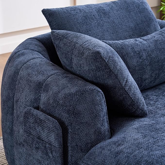 Oversized Chaise Lounge Indoor Deep Seat Boneless Sofa Bed with Throw Pillows Plush Chenille Fabric No Assembly Required Comfy Sleeper Sofa for Living Room Bedroom (Blue with Pocket)