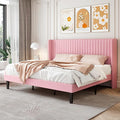 SHA CERLIN King Size Velvet Bed Frame with Vertical Channel Tufted Wingback Headboard Upholstered Platform Bed with Wood Slats No Box Spring Needed Easy Assembly Pink