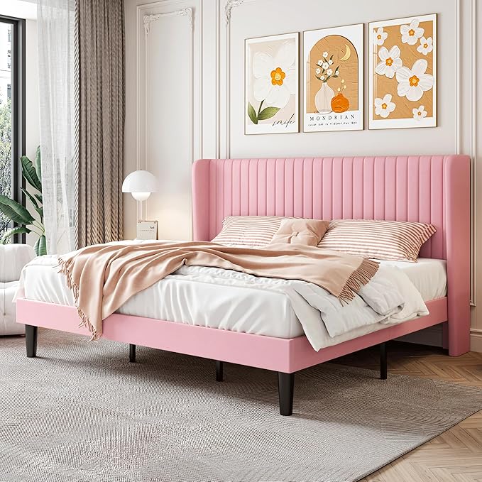 SHA CERLIN King Size Velvet Bed Frame with Vertical Channel Tufted Wingback Headboard Upholstered Platform Bed with Wood Slats No Box Spring Needed Easy Assembly Pink