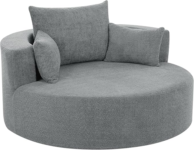 Oversized Round Swivel Chaise Modern 360°Swivel Barrel Chair with 3 Pillows Comfy Chenille Chaise Lounge Chair Indoor Single Cloud Circle Sofa for Living Room Bedroom Office (Grey)
