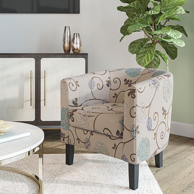BELLEZE Living Room Chair Linen Round Accent Barrel Chair Club Tub Sofa Chair for Bedroom Corner Chair with Flared Legs and Cozy Soft Padding - Highland (Floral Print)