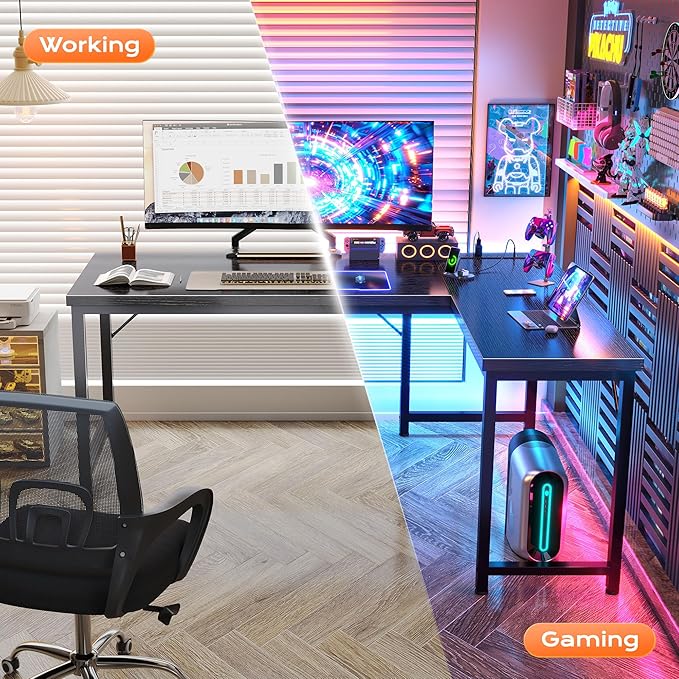Huuger 55 Inch L Shaped Desk with Power Outlets and USB-C Port Reversible Computer Desk Larger Office Corner Gaming Desk 0.95 Inch Thicker Desktop Metal Frame for Home Office Study Black