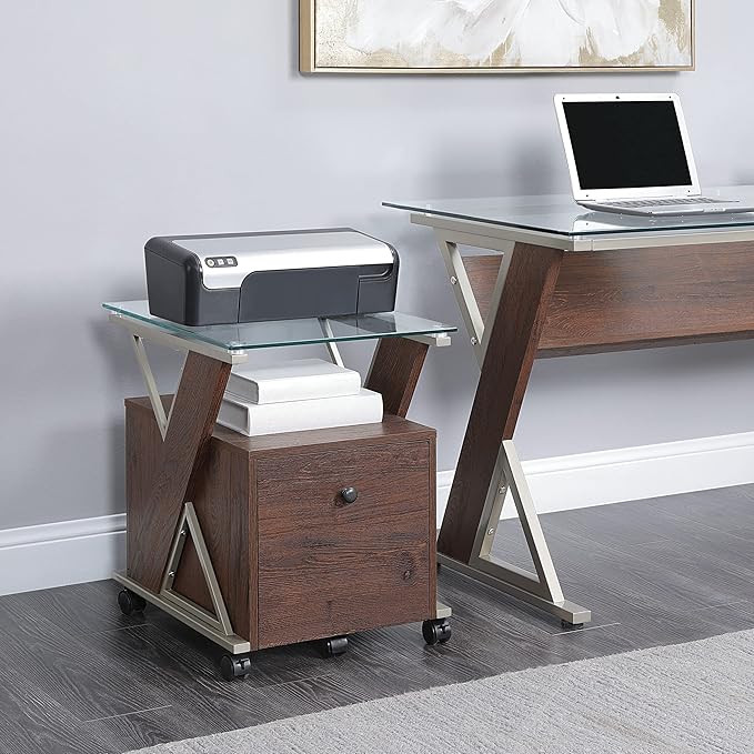 OSP Home Furnishings Zenos Mobile Rolling File Cabinet with Tempered Glass Top Traditional Cherry