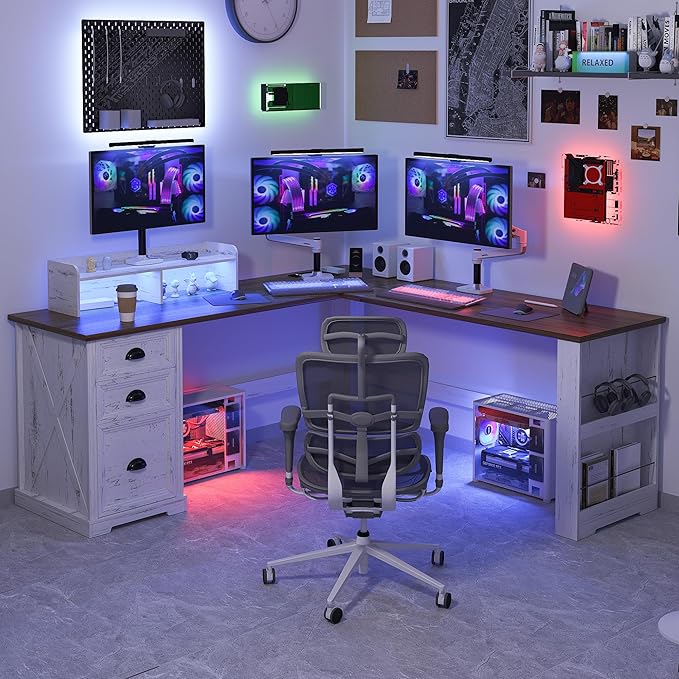 L Shaped Desk with Monitor Stand Farmhouse Computer Desk with Led Light and Power Outlet Executive Desk for Home Office Room Workstation with File Cabinet for Working Gaming Antique White