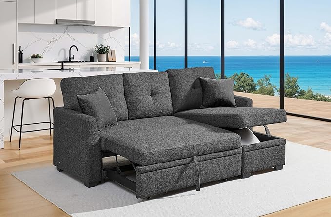 76 Linen Blend Convertible Sofa with Pull-Out Bed Stylish Sleeper Couch with Hidden Storage Space 3-Seater Couch with 2 Soft Pillows for Living Rooms Charcoal Black