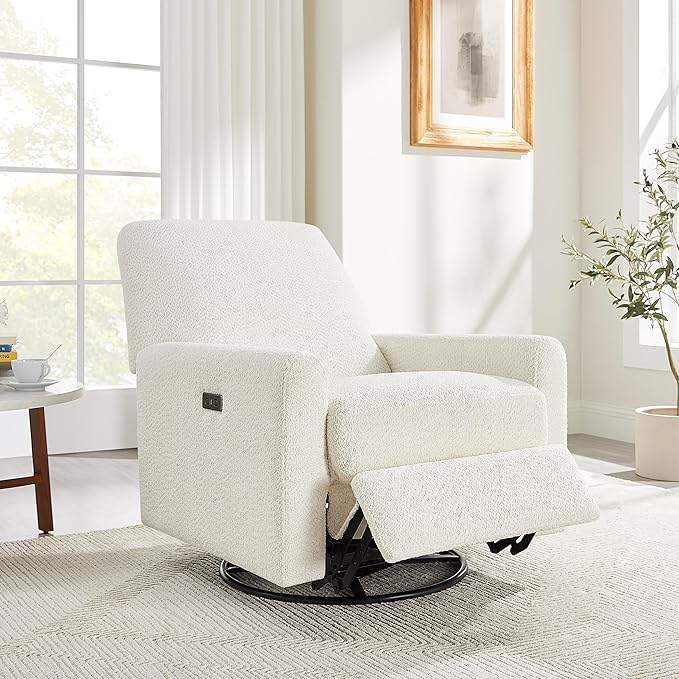 VANOMi Power Swivel Glider Recliner Chair Electric Nursery Rocker Recliner Chair USB &amp Type-C Charger Boucle White