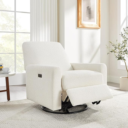 VANOMi Power Swivel Glider Recliner Chair Electric Nursery Rocker Recliner Chair USB &amp Type-C Charger Boucle White