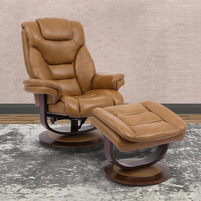 Pemberly Row Stressless Recliner with Ottoman in Brown Leather Manual Swivel Recliner Chair for Living Room Comfort