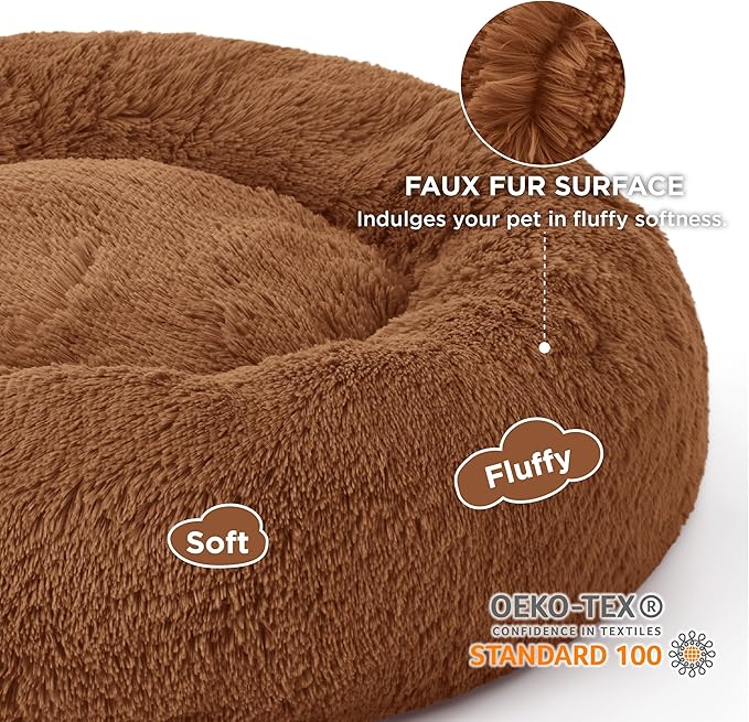Bedsure Calming Dog Bed for Large Dogs - Donut Washable Large Pet Bed 36 inches Anti-Slip Round Fluffy Plush Faux Fur Dog Bed Fits up to 80 lbs Pets Copper