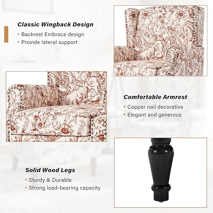 Wingback Accent Chair High Back Upholstered Armchair Printed Fabric Wingback Arm Chair with Wood Legs Single Sofa Reading Chair for Bedroom Living Room Rococo Orange