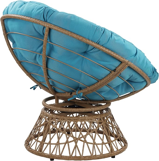 OSP Home Furnishings Wicker Papasan Chair with 360-Degree Swivel Natural Frame with Blue Cushion