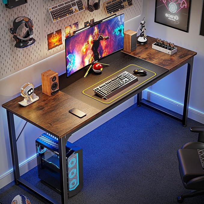 Huuger Computer Desk 63 Inch Office Desk Gaming Desk with Storage Writing Desk Work Desk for Home Office Study Modern Simple Desk Large Legroom Metal Frame Rustic Brown and Black