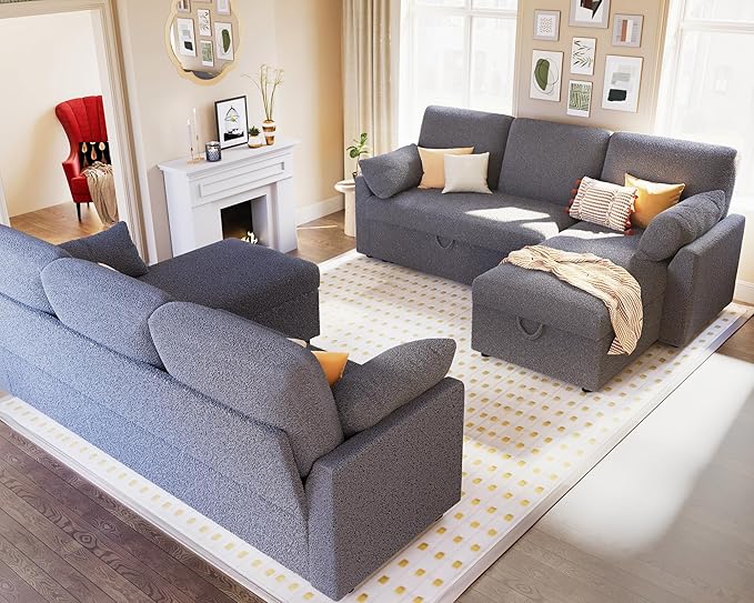 PaPaJet Sofa Bed Sleeper Sofa with Storage Chaise L Shaped Sofa with Pull Out Bed Oversized Sofas for Living Room-Dark Gray Boucle