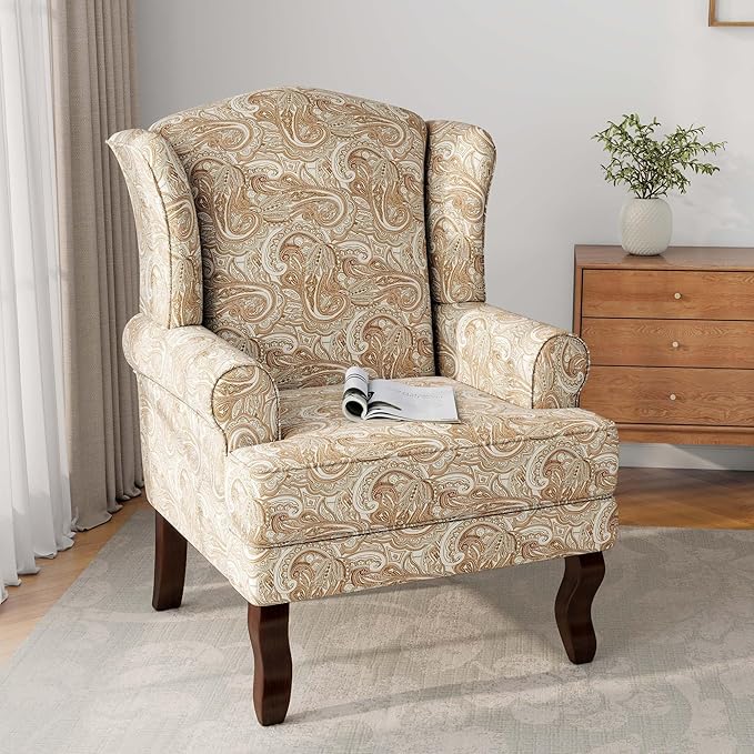 Accent Chair High Back Upholstered Armchair with High Resilience Sponge &amp Wood Legs Mid-Century Modern Comfy Single Sofa Reading Chairs for Living Room Bedroom - Paisley Sand Set of 1