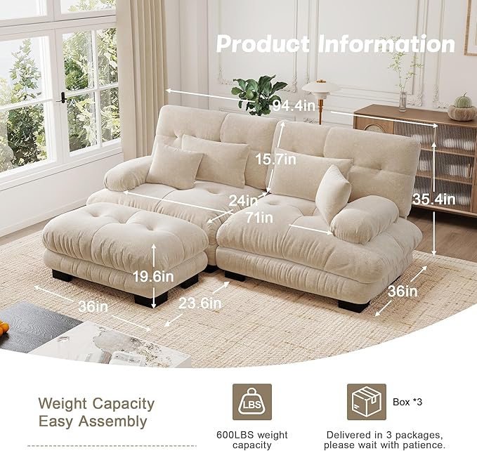 94.4'' Loveseat Sectional Couch Sofa Memory Foam Chenille Cloud Sofa with Pillow Deep Seat Sectional Couch for Small Spaces Studio Apartment Game Room Small Living Room