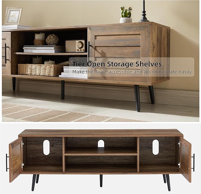 EDYO LIVING 65 Mid Century Modern TV Stand Wood TV Stand with Storage Cabinet and Open Shelf for Televisions up to 65 Entertainment Center TV Console Table for Living Room Rustic Oak