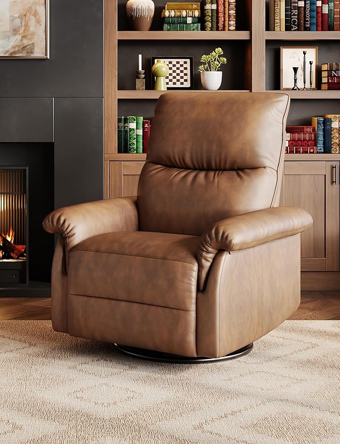GAOMON Manual Recliner Chair 360° Swivel Rocker Glider Recliner with Padded Armrests Modern PU Leather Upholstered Reclining Chair for Living Room Bedroom and Nursery (Orange)