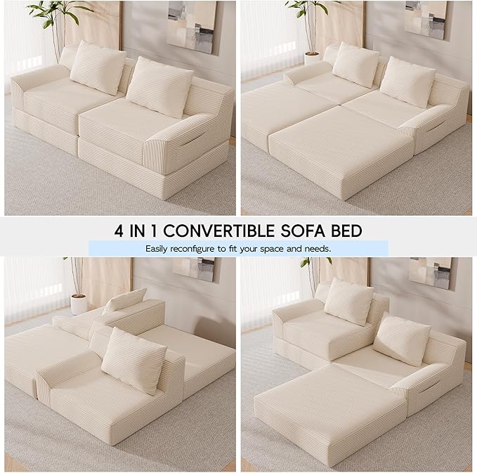 79 Convertible Sofa Bed Upholstered Boneless Couch Loveseat Sleeper with Pull Out Bed Corduroy Futon Couch Floor Folding Sofa Modular Futon Couch for Living Room Bedroom Lounge Beige