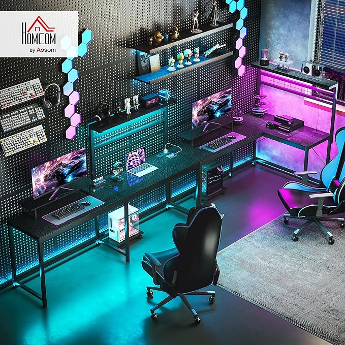 HOMCOM Gaming Desk 62 L Shaped Desk with Power Outlets &amp LED Lights 86 2 Person Computer Table with Shelf &amp Rolling CPU Stand Reversible Corner Office Table with Hutch Black