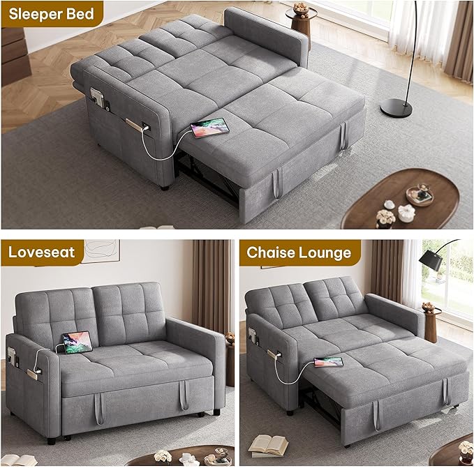 DWVO 3 in 1 Convertible Sleeper Sofa Bed 55 Pull Out Sofa Bed with Adjustable Backrest and USB Velvet Futon Couch with Side Pockets for Living Room Grey