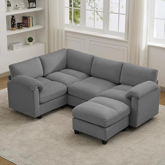 87'' U-Shaped Sectional Sofa with Ottoman 5-Seater Modular Couches for Living Room Corduroy Deep Seat Cloud Sofa with Center Stitched Grey