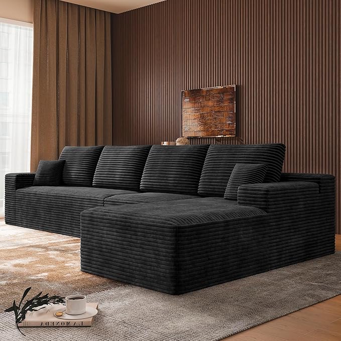 3-Piece Boneless Modular Sectional Sofa Cloud Couch with Right Facing Chaise Oversized Deep Seat Soft Corduroy Fabric Sectional Couch for Living Room-Black
