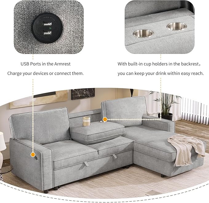 L-Shaped Convertible Sectional Sofa with Storage Space Upholstery Sleeper Sectional Sofa with USB Port and 2 Cup Holders on Back Cushions 3-Seat Sofa Furniture for Living Room Office (Grey-89'W)