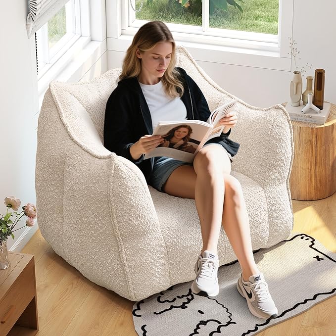 47.2 Inch Oversized 2 Piece Single Sofa Set Comfy Beanbag Chairs with Scratch-Resistant Pet-Friendly Chenille Modern Couch with Arms No Assembly Required Beige