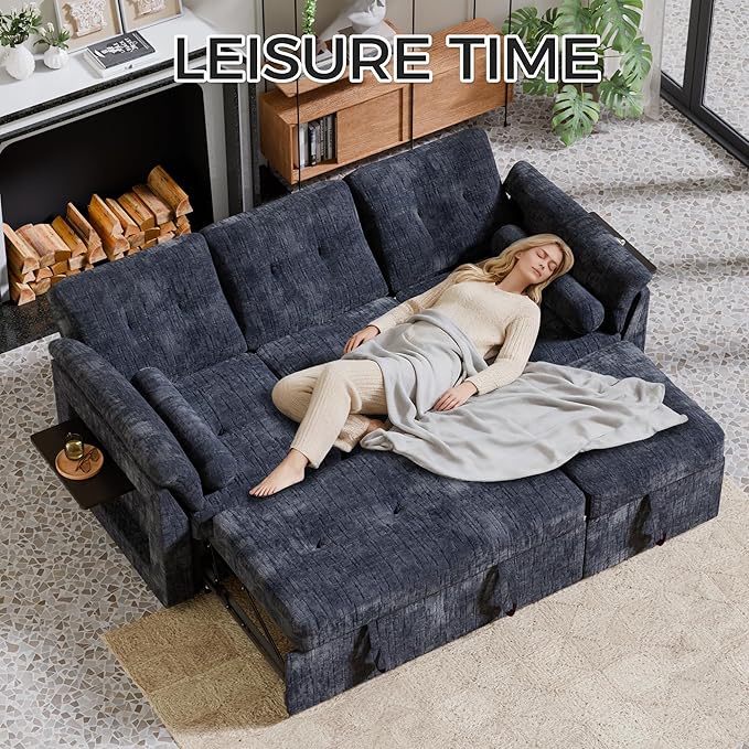 Convertible Queen Sofa Bed 63 Inch Chenille Pull Out Couch with Side Table 3 Seat Pull Out Sofa Bed with Level Adjustable Backrest Comfy Sleeper Sofas for Living Room Apartment Blue