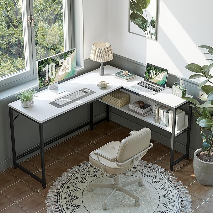 FEZIBO 55.1-Inch L-Shaped Corner Desk with Storage Shelves Home Office Computer Desk with Bookshelf for Writing Gaming and Study