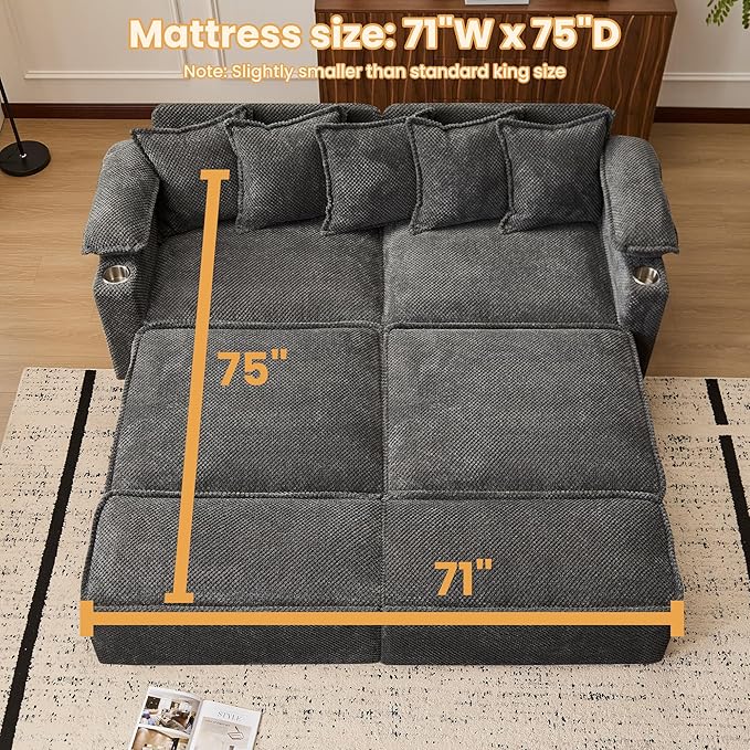 83 King Size Pull Out Sofa Bed 4-in-1 Convertible Sleeper Sofa Bed with USB Ports Cup Holders Side Pockets Corduroy Pull Out Couch Loveseat Chaise for Living Room Small Space (Dark Gray)