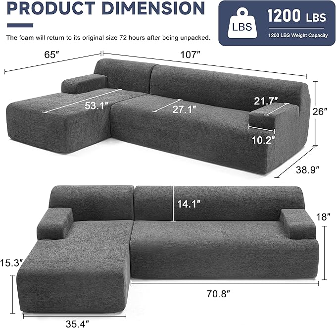 107 Modular Sectional Cloud Couch Boneless couches Sponge sectionals for Living Room High Density Sponges Sofa Modular L-Shape with Chaise Darkgrey
