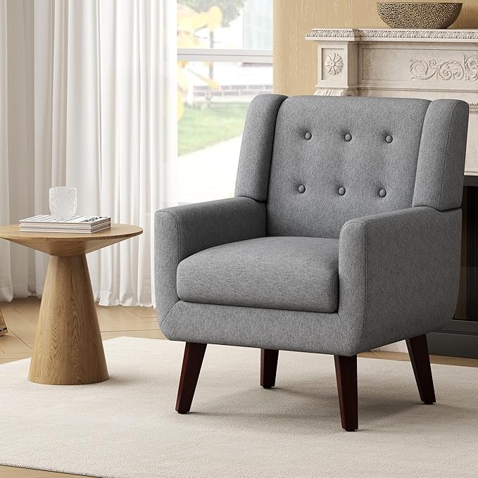 Linen Fabric Living Room Chairs Accent Chair Mid Century Modern Armchair for Living Room Bedroom Button Tufted Upholstered Comfy Reading SofasVanity Chair (1 Dark Grey)