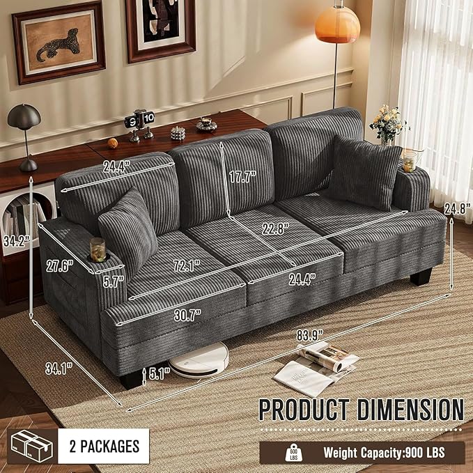 Homall Couches for Living Room 83 Couch with Soft Deep Seats Modern Sofa 3 Seater in Corduroy for Apartment Bedroom (Charcoal Gray)