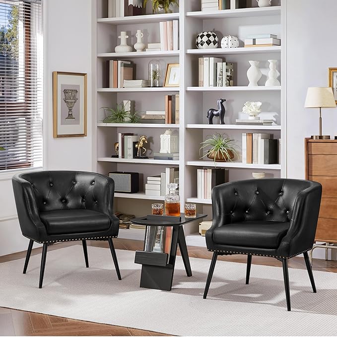 Yaheetech Modern Accent Chair Faux Leather Retro Armchair Upholstered Barrel Chair with Metal Leg and Comfy Seat Cushion for Living Room Bedroom Black Set of 2
